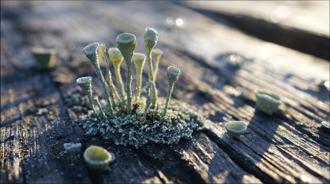 Cup lichen glowing in sunlight on weathered wood surface with natural texture, detailed macro botanical growth and organic woodland atmosphere in a tranquil outdoor environment