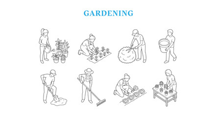 Set of Isometric People Gardening Architectural Scale Figures, Vector Line Art Characters Watering Plants, Planting Flowers, Trimming Bushes, and Digging for Landscape Design Visualization © MkJutt