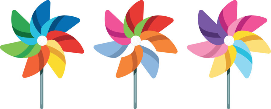 Colorful Vector Illustration of Three Rainbow Pinwheels in Flat Playful Style for Kids, Toys, and Decorative Designs
