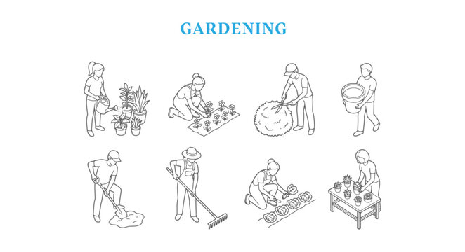 Set of Isometric People Gardening Architectural Scale Figures, Vector Line Art Characters Watering Plants, Planting Flowers, Trimming Bushes, and Digging for Landscape Design Visualization