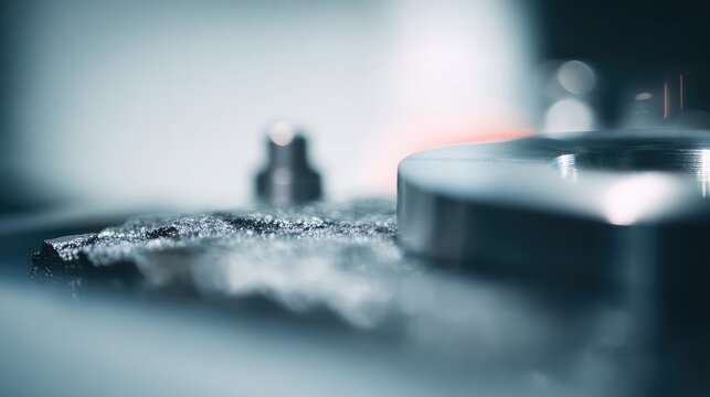 Industrial manufacturing details featuring a close up of a machine part covered in fine metal dust and shavings, highlighting technology and precision engineering processes
