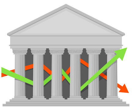 Classical bank facade with multiple crossing green and orange arrows representing market chaos, economic instability, complex trading data, and financial risk. (cut out)