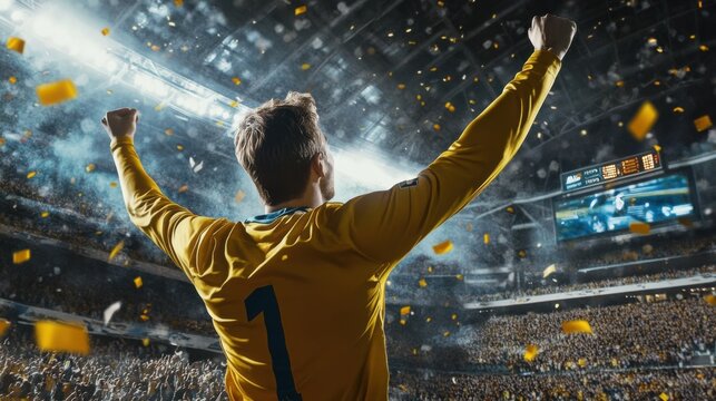 Soccer player in yellow jersey celebrating with confetti