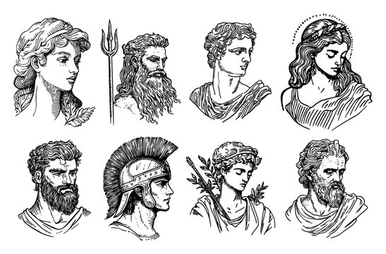 Ancient Greek gods and Roman deities portraits in vintage engraving style