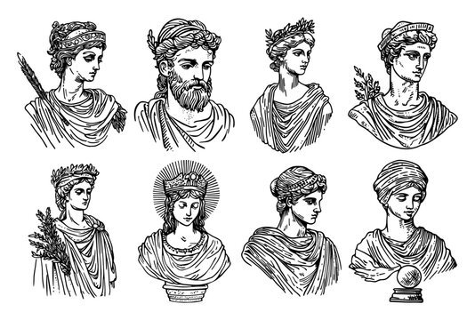 Ancient Roman goddesses and mythological priestess portraits in detailed engraving style
