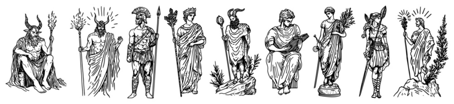 Greek mythological figures and Olympian gods standing in classic engraving style