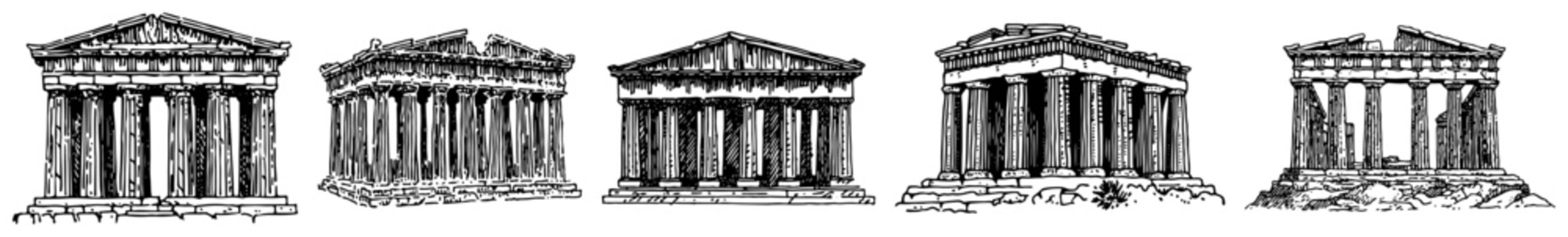 Ancient Greek temple ruins and Parthenon architecture in vintage engraving style