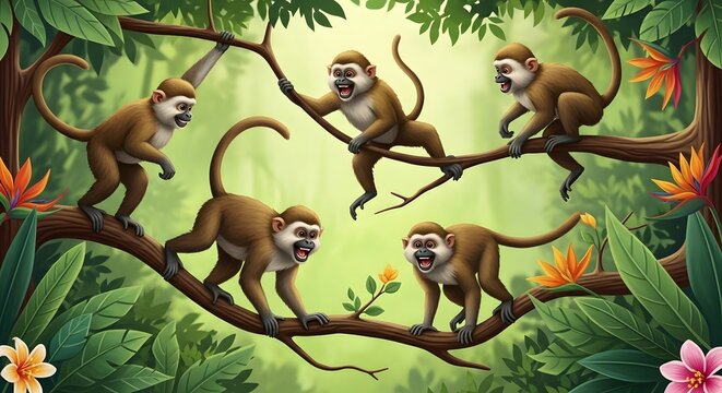 A group of playful monkeys swinging and interacting on tree branches amidst lush green foliage and tropical flowers