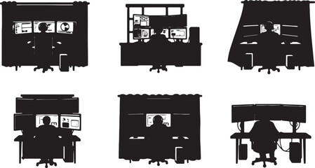 Obraz premium Black Solid Remote Developer Multiple Monitor Silhouettes Set of Six on White Background