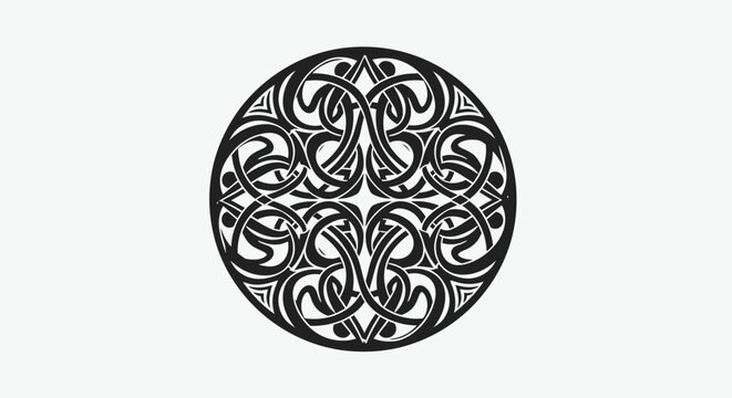Intricate black and white circular Celtic knot ornament design.