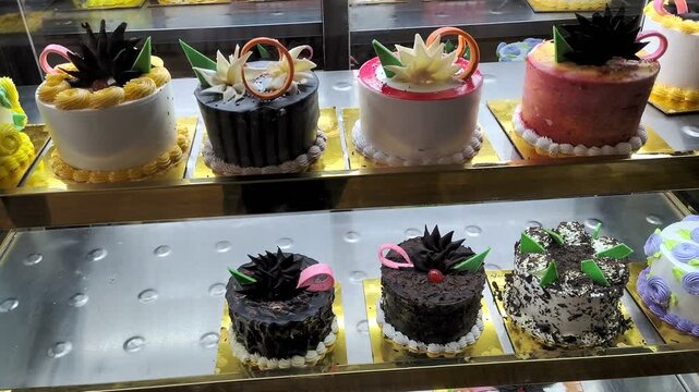 Decorative Whole Cakes with Cream Frosting and Chocolate Toppings