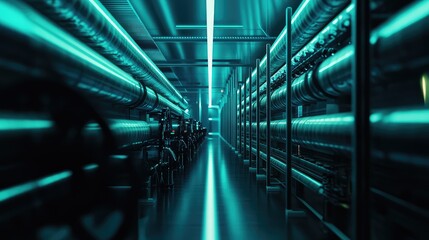 Obraz premium Server room infrastructure featuring rows of interconnected pipes, glowing blue neon lights, and advanced cooling systems, symbolizing data processing and communication technology