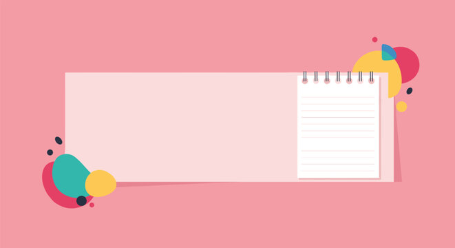 Long pink banner features a small notebook on the right side with colorful abstract blobs and dots scattered around it.
