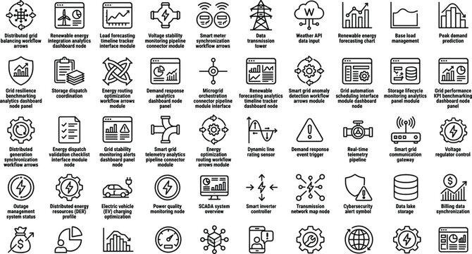 Smart grid energy management outline icon set with renewable power forecasting and electricity monitoring symbols for app design