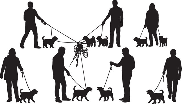Black Solid Multi Dog Tangled Leash Walking Silhouettes Set of Six on White Background