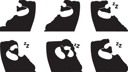 Black Solid Neck Pillow Airplane Sleeping Silhouettes Set of Six on White Background © Lubna