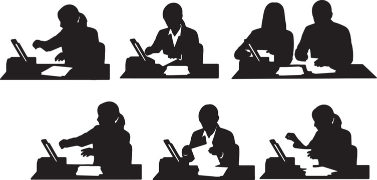 Black Solid Remote Legal Assistant Scanning Document Silhouettes Set of Six on White Background