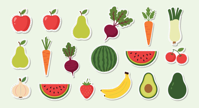 Extensive collection of fruit and vegetable stickers featuring healthy produce items like apples pears and avocado.