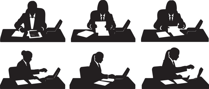 Black Solid Remote Legal Assistant Scanning Document Silhouettes Set of Six on White Background
