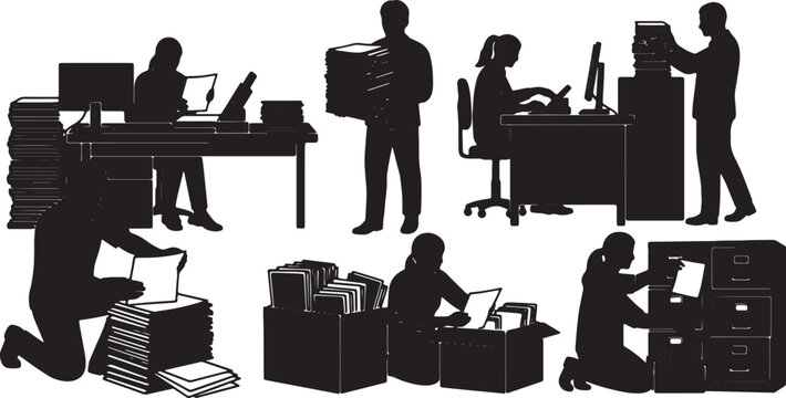Black Solid Remote Legal Assistant Scanning Document Silhouettes Set of Six on White Background