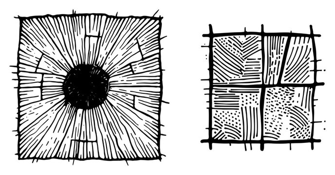 Abstract square hatch textures and sunburst patterns in hand drawn woodcut style