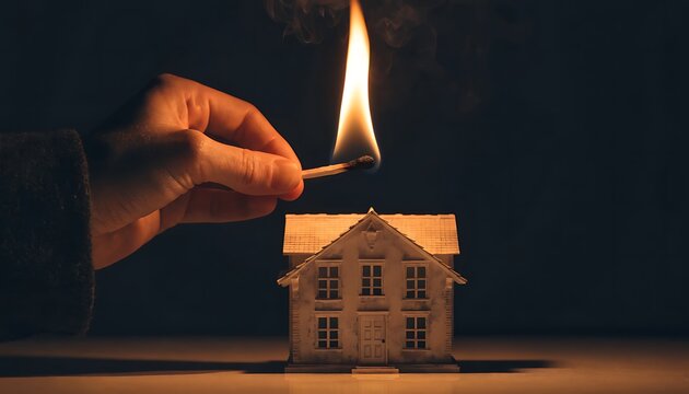 Close-up of a hand holding a lit match above a miniature white house model, symbolizing destruction or risk keywords: hand, holding, lit, match