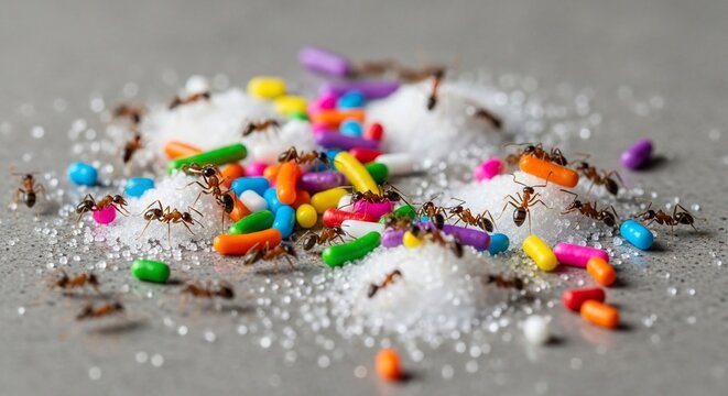 Ants eating sugar sprinkles