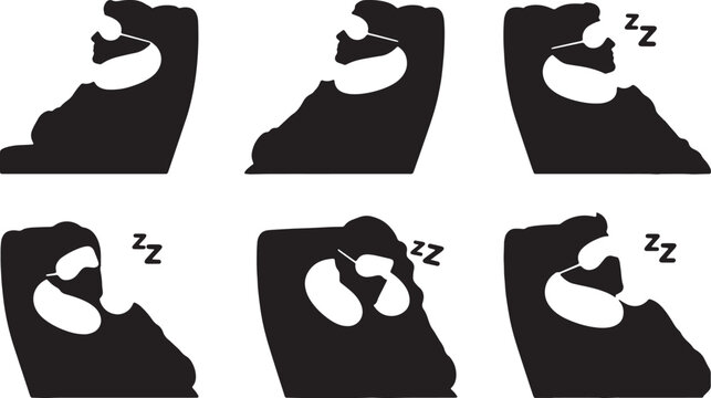 Black Solid Neck Pillow Airplane Sleeping Silhouettes Set of Six on White Background
