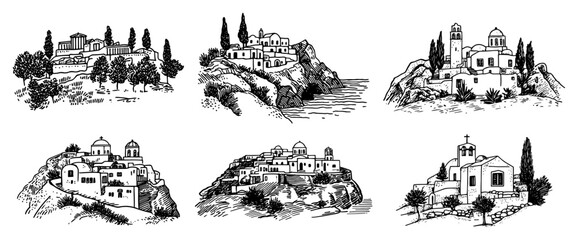 Obraz premium Mediterranean village landscapes and Greek island architecture in detailed engraving style
