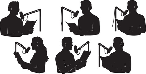 Black Solid Remote Podcast Host Boom Microphone Script Silhouettes Set of Six on White Background © ShahvezGrhi 