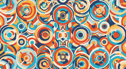 Fototapeta premium Abstract seamless pattern consists of many overlapping concentric circles and semi circles in a bold primary color palette.