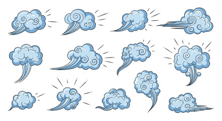 Obraz premium Collection of various stylized wind and cloud puff illustrations features swirling lines and directional movement symbols.