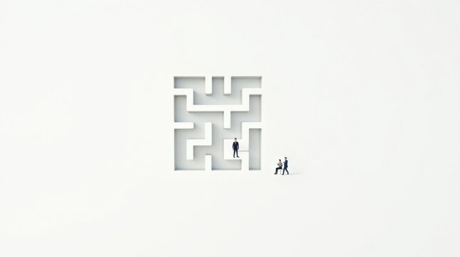 Fondo blanco minimalista con un laberinto simple y dos peque&ntilde;as figuras enfrentadas, fuerte espacio negativo