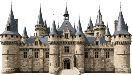 Medieval stone castle fortress with towers turrets and detailed architecture historic fantasy palace vector illustration isolated on white background design © Mokarrom