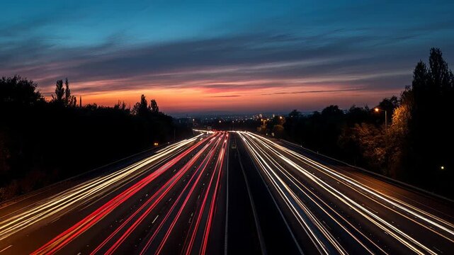 Night traffic on highway in busy American city, cars in motion at sunset, red yellow and blue sky, urban downtown view, website header background
