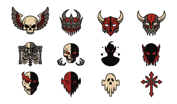 Graphic collection of skull illustrations with wings horns and evil demon faces on black background