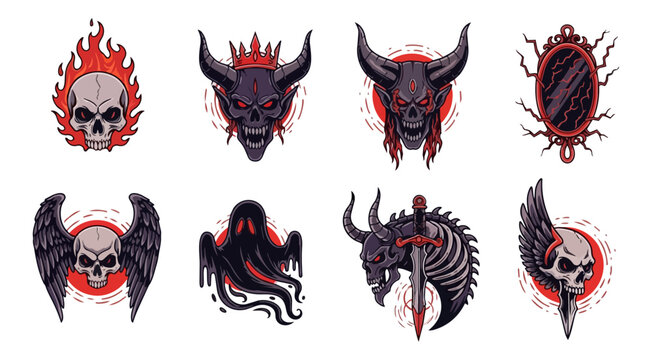 Graphic set of evil skulls demons ghosts and decorative elements