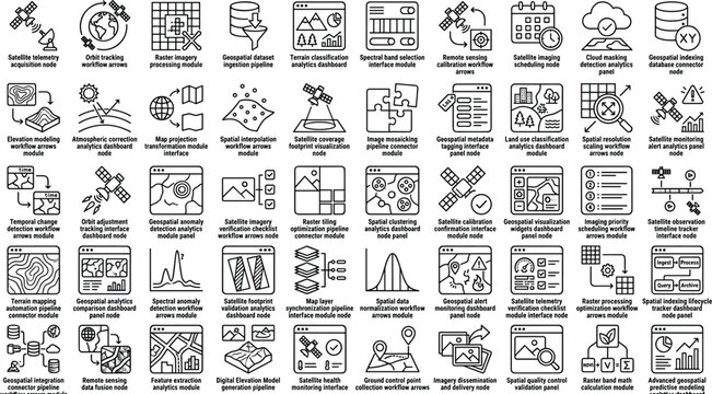 Satellite geospatial analytics outline icon collection with remote sensing data workflow and mapping technology symbols