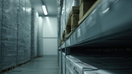Obraz premium Warehouse interior with tall shelving racks storing numerous cardboard boxes on wooden pallets, efficiently managing inventory, storage, and distribution for global supply chain operations