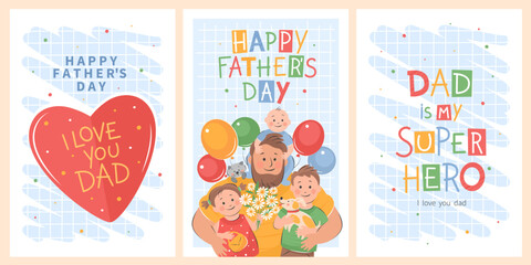 Obraz premium Happy Father's Day cards set with holiday wishes. Vector cute illustrations of dad with children. 