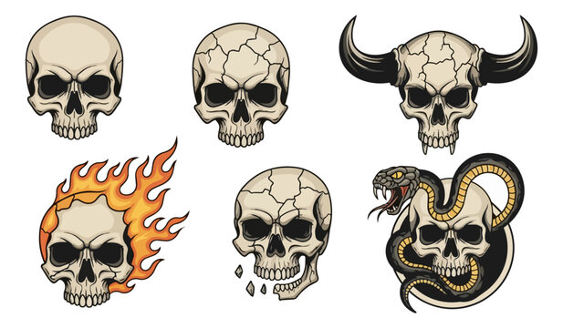 Set of human skulls with various designs on black backdrop