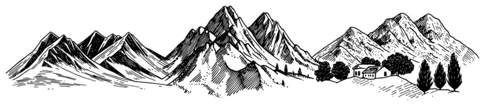 Mountain landscape with traditional mediterranean house and cypress trees in vintage engraving style