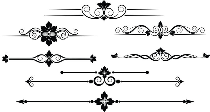 Collection of black decorative floral and scroll dividers on white background, flourish ornament