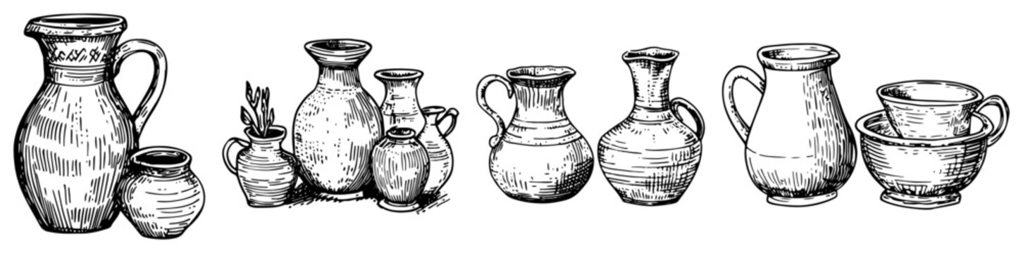 Ceramic pottery jugs and ancient style pitchers collection in vintage engraving style