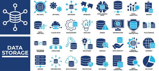 Data Storage icon set collection. Containing searching, transfer, database, info, puzzle, server, computing .Solid vector icons collection © nasikun