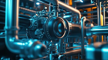 Fototapeta premium Industrial pipes, valves, and mechanical components forming a complex system in a factory setting, symbolizing innovation, engineering, and the future of energy production