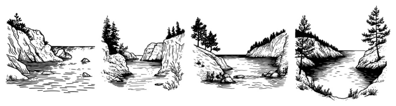 Coastal landscape scenes featuring rocky shores and pine trees in vintage etching style