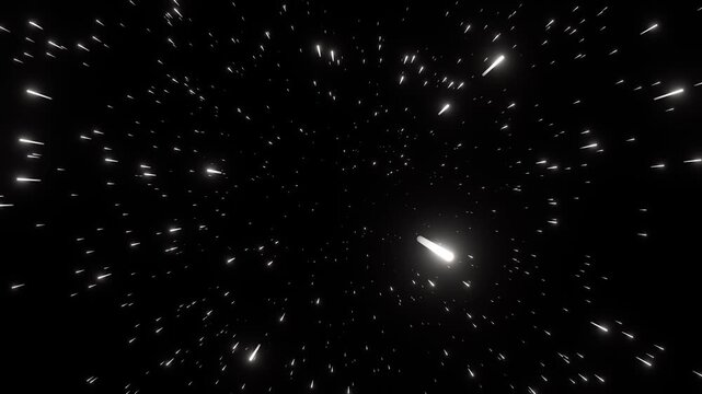 White stars flying towards the camera on a black background creating a warp speed effect. Endless loop.