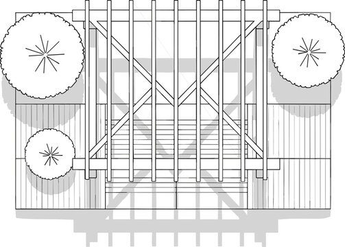 Architectural top view of wooden pergola structure surrounded by trees on modern backyard patio area.