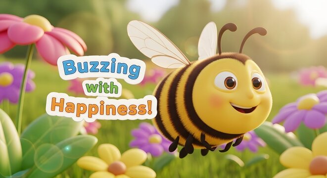 Cute cartoon bee buzzing with happiness among colorful flowers in a sunny meadow, perfect for children's content